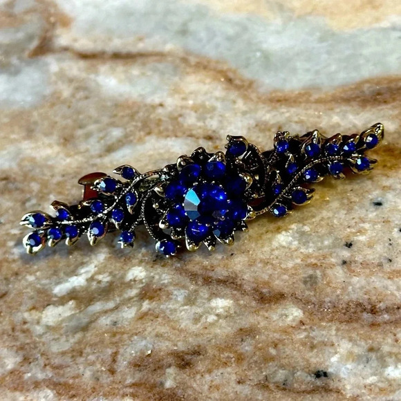 Accessories - Sapphire Blue Floral Crystal Rhinestone Medium Barrette/Hair Clip in Gold Tone